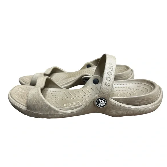 CROCS Cleo Strappy Sandals Size 8 Tan Slip On Slides Comfort Water Summer Beach - Picture 1 of 8